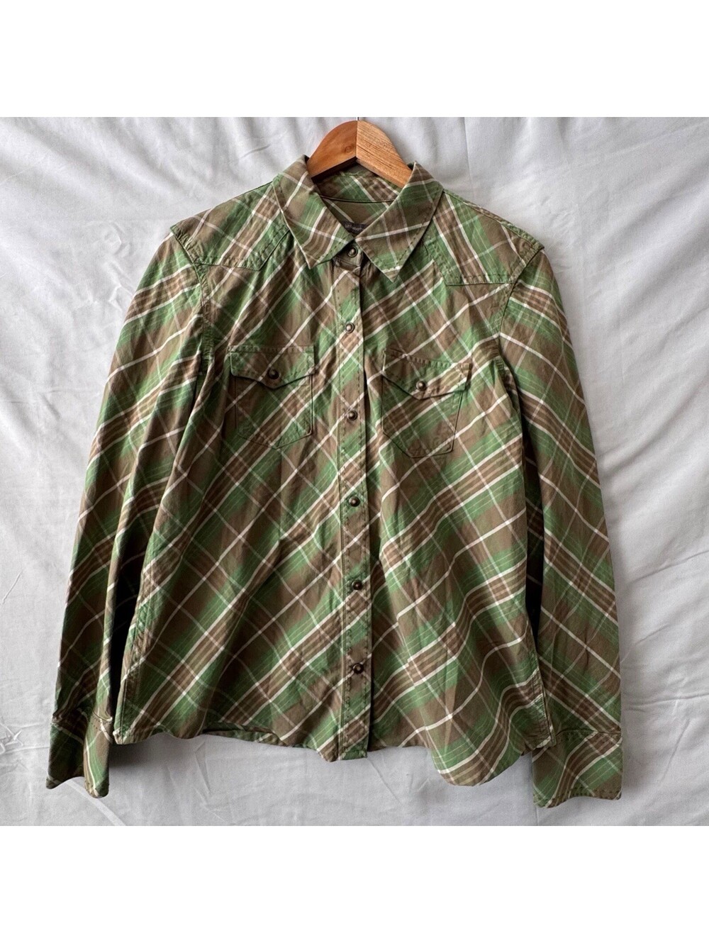 Liz Claiborne Shirt XL Green Brown Plaid Western Snap 2 Pocket Cotton